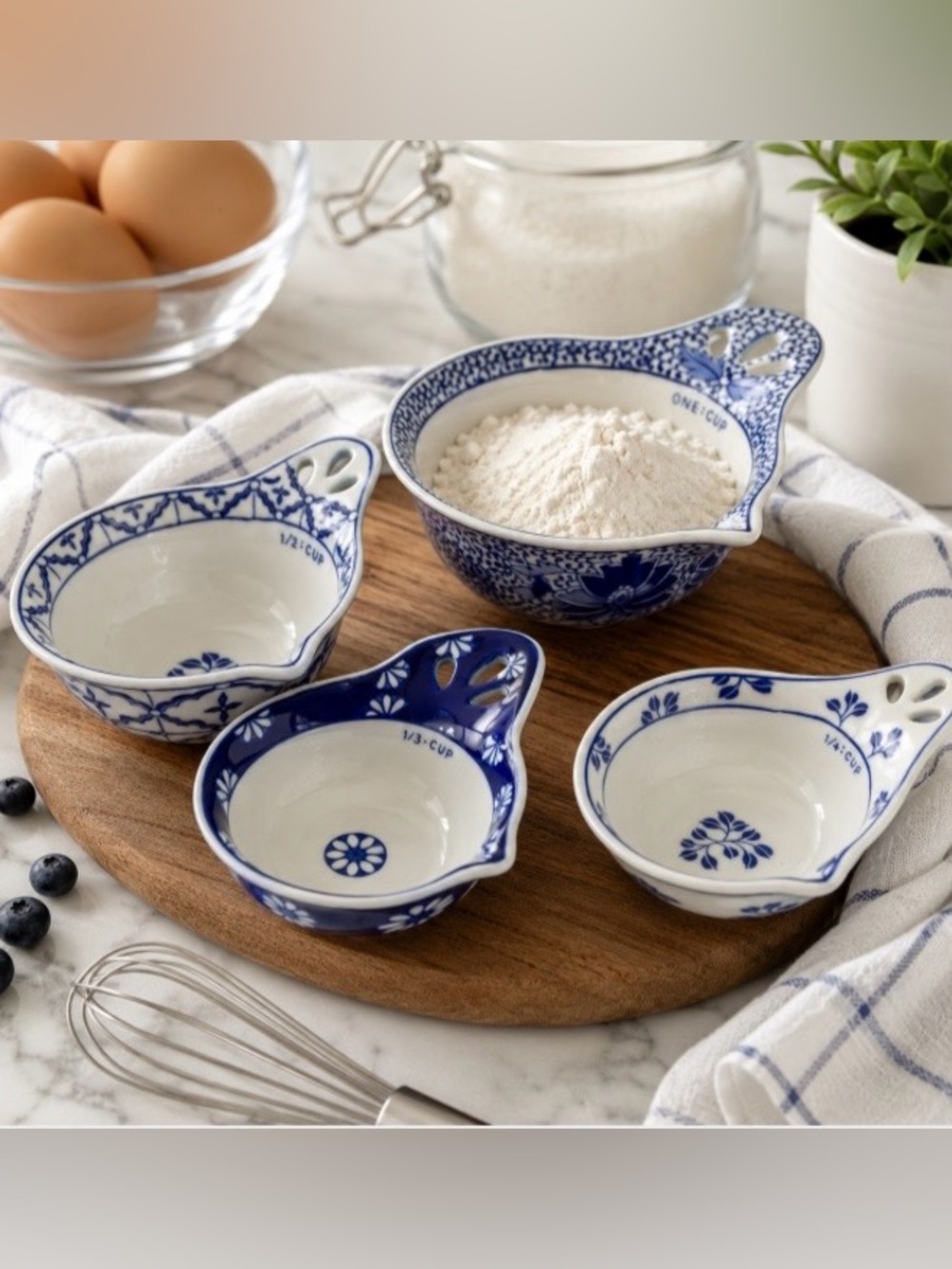 Pier 1 Blue White Porcelain Nesting Measuring Cups Handpainted Set of 4 Floral